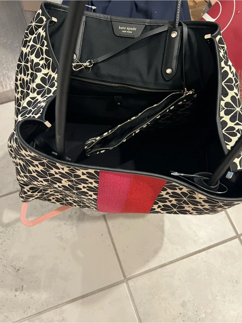 kate spade (Rare) Black & Cream spade floral Tote with Red Center Stripe - Picture 10 of 16